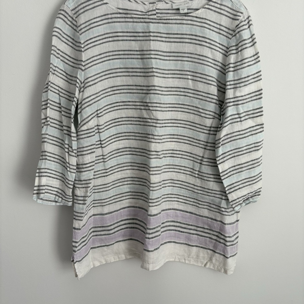 J Jill Womens Love Linen Striped Top Size M Back‎ Button Up Lightweight Natural